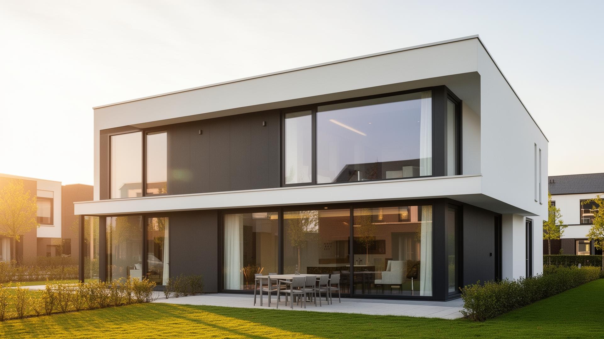 Moderne prefab nieuwbouwwoning bij zonsondergang